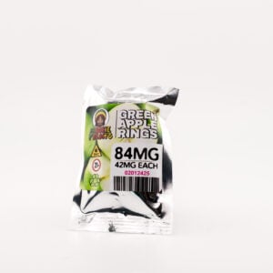 Green Apple Rings gummy packaging featuring 84mg total dosage, 42mg per piece, with branding from Monkey Treats, showcasing vibrant colors and caution symbols for cannabis edibles.