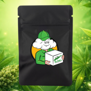 Black packaging featuring a cartoon character with white hair and a green cap, holding a box with the EzBud logo, set against a backdrop of cannabis leaves and greenery.