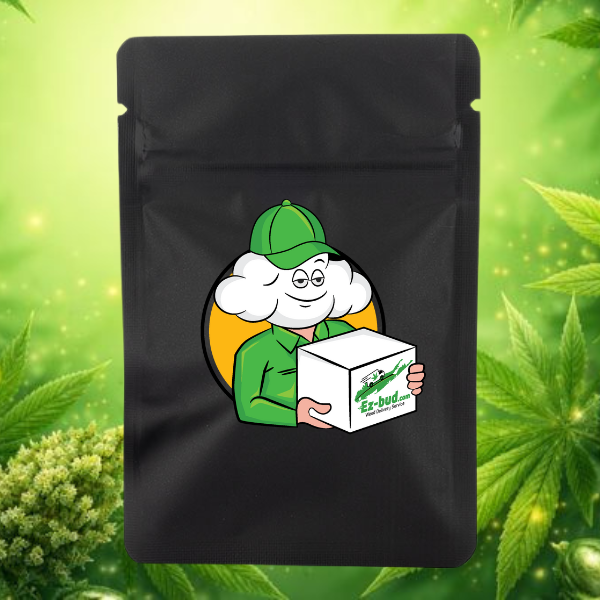 Black Bag Eighths packaging featuring EzBud logo and mascot, surrounded by cannabis leaves, representing a hybrid flower product.