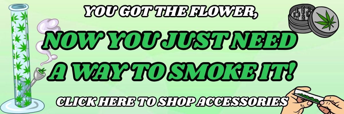 Bong with cannabis leaves and hands rolling a joint, promoting cannabis accessories for smoking.