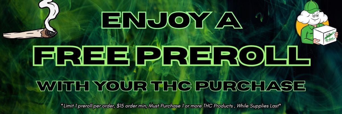 Enjoy a free preroll promotion graphic with cannabis-themed background, featuring a smoking joint and EZ Bud logo, emphasizing THC purchase offer.