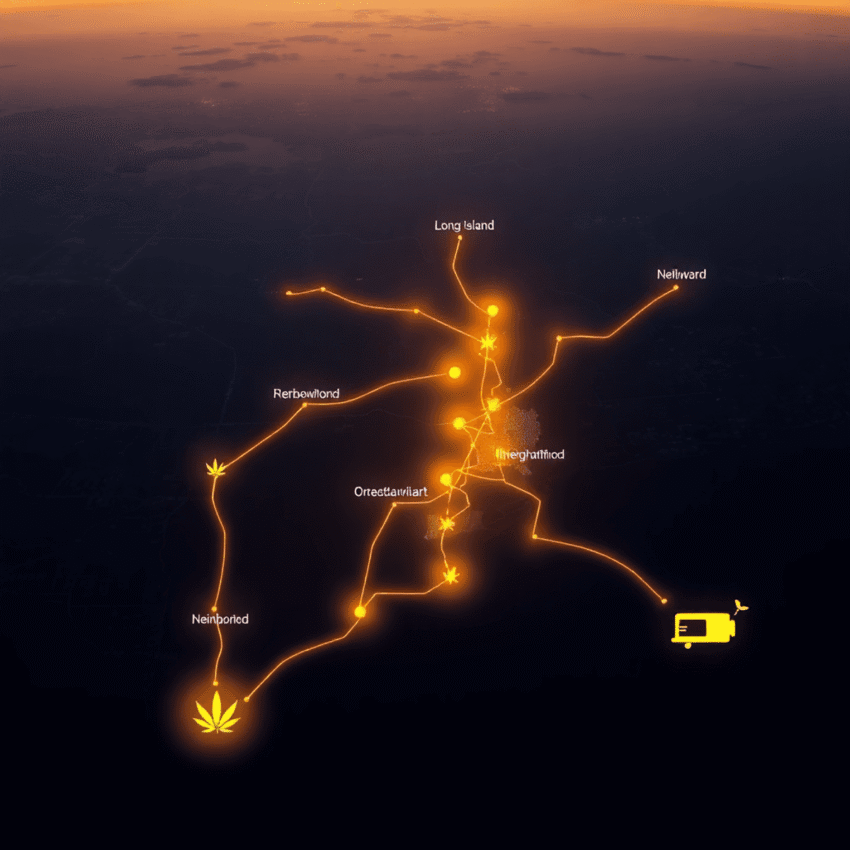 Aerial view of Long Island at sunset with glowing delivery routes, abstract cannabis leaf and parcel icons moving swiftly along paths, symbolizing ...
