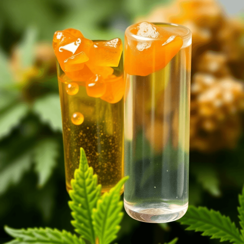 Close-up of two cannabis concentrates: thick, golden live resin beside clear, smooth distillate with blurred green leaves in the background.