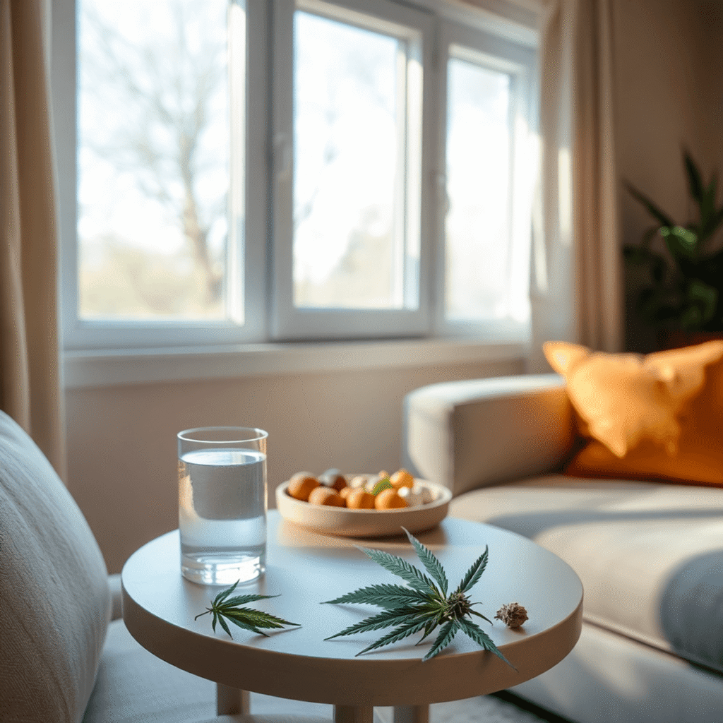 Cozy indoor scene with soft natural light, a small table holding a glass of water, fruit, nuts, and green cannabis leaves and buds arranged nearby.