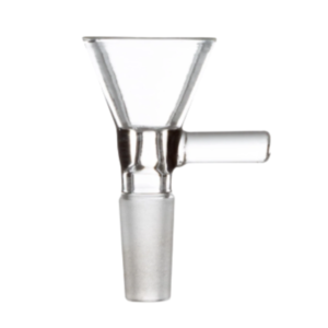 Glass bowl piece accessory for cannabis consumption, designed for bongs, featuring a funnel shape and side arm for airflow.
