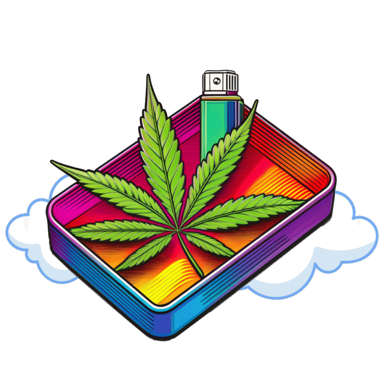 Colorful cannabis leaf on a vibrant tray with a lighter, representing EZBud's cannabis accessories and products for enhanced user experience.