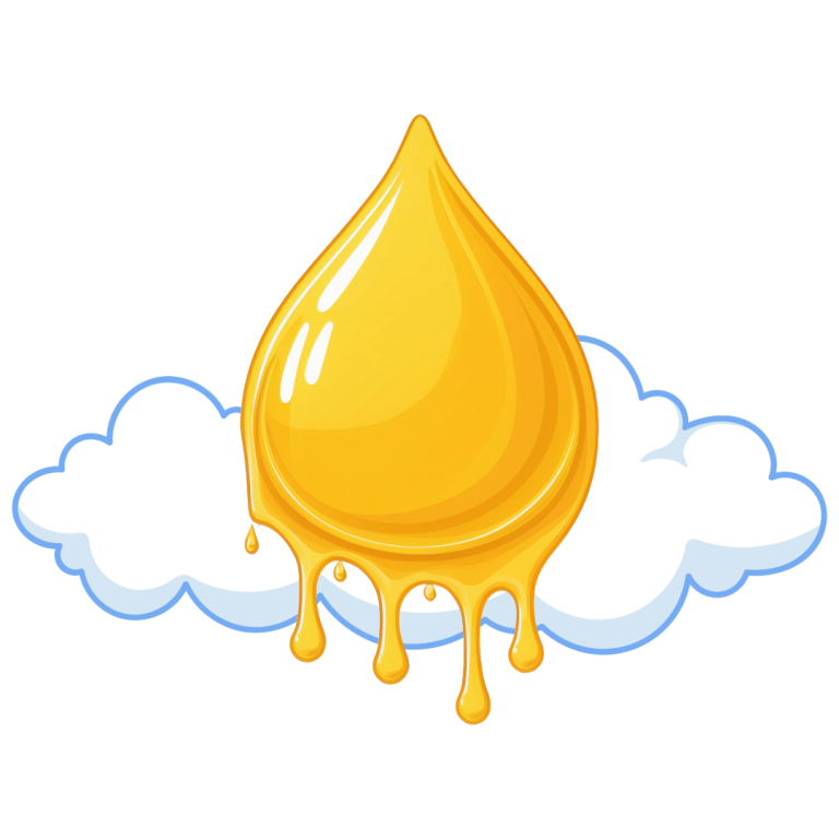 Yellow oil drop with drips, set against a cloud backdrop, symbolizing high-quality cannabis concentrates for enhanced experiences.