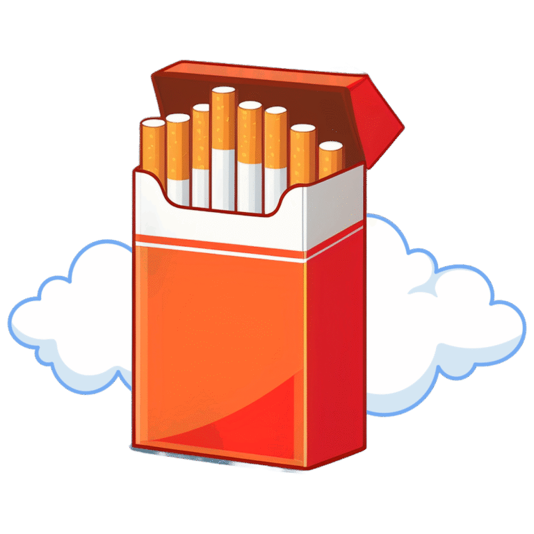 Carton of cigarettes with visible white and orange sticks, surrounded by stylized clouds, representing packaging for cannabis-related products.