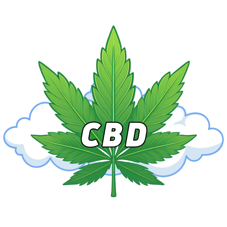 CBD leaf graphic with clouds, symbolizing EZBud's premium CBD products for natural relief and wellness.