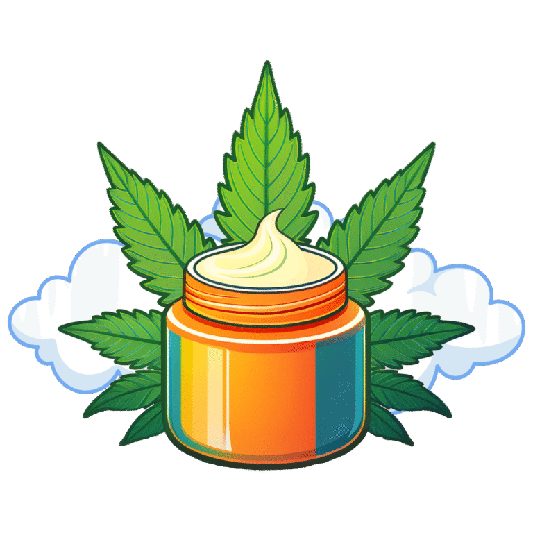 Illustration of a cannabis-infused topical cream jar surrounded by green hemp leaves and clouds, representing EZBud's premium topical products for targeted relief and skin care.
