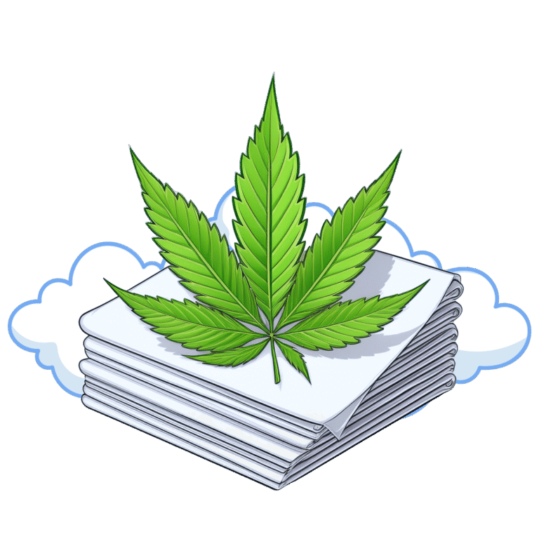 Cannabis leaf atop a stack of wraps and papers, symbolizing high-quality smoking accessories for enhanced experiences.