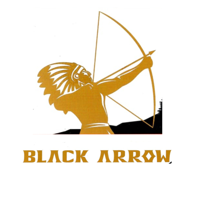 Indigenous archer in traditional attire drawing a bow, with "BLACK ARROW" text below, symbolizing strength and heritage in cannabis branding.