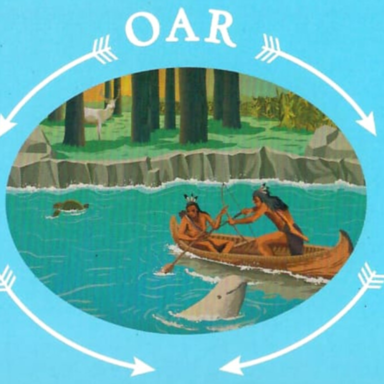 Indigenous individuals in a canoe on a river, engaging with nature, surrounded by trees and wildlife, featuring the word "OAR" above.