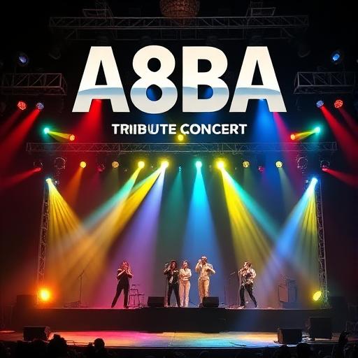 ABBA tribute concert stage with colorful lights and performers, promoting the upcoming event at Catholic Health Amphitheater in Farmingville, NY.