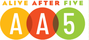 Alive After Five logo featuring bold text with colorful circles, representing the summer street festival in Patchogue, NY, highlighting food, drinks, and live music.