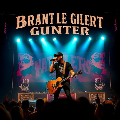 Brantley Gilbert performing on stage with an acoustic guitar, vibrant lighting, and large banners displaying his name and artwork, highlighting the excitement of his concert at the Catholic Health Amphitheater in Farmingville, NY.