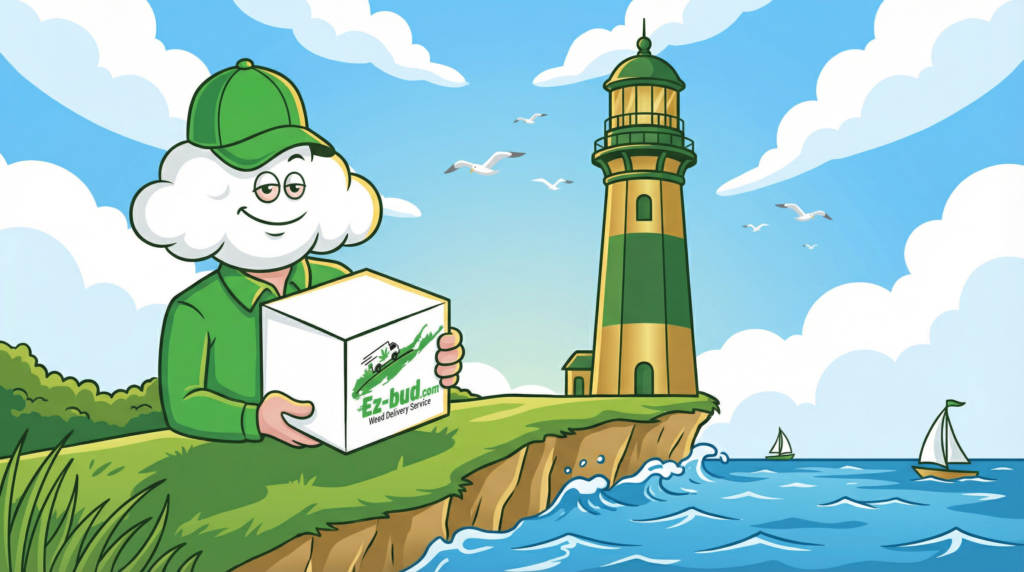 Cartoon character representing EZBud.com holding a delivery box labeled "Weed Delivery Service" near a lighthouse, with a coastal landscape and sailboats in the background, symbolizing cannabis delivery and service in Suffolk and Nassau County.