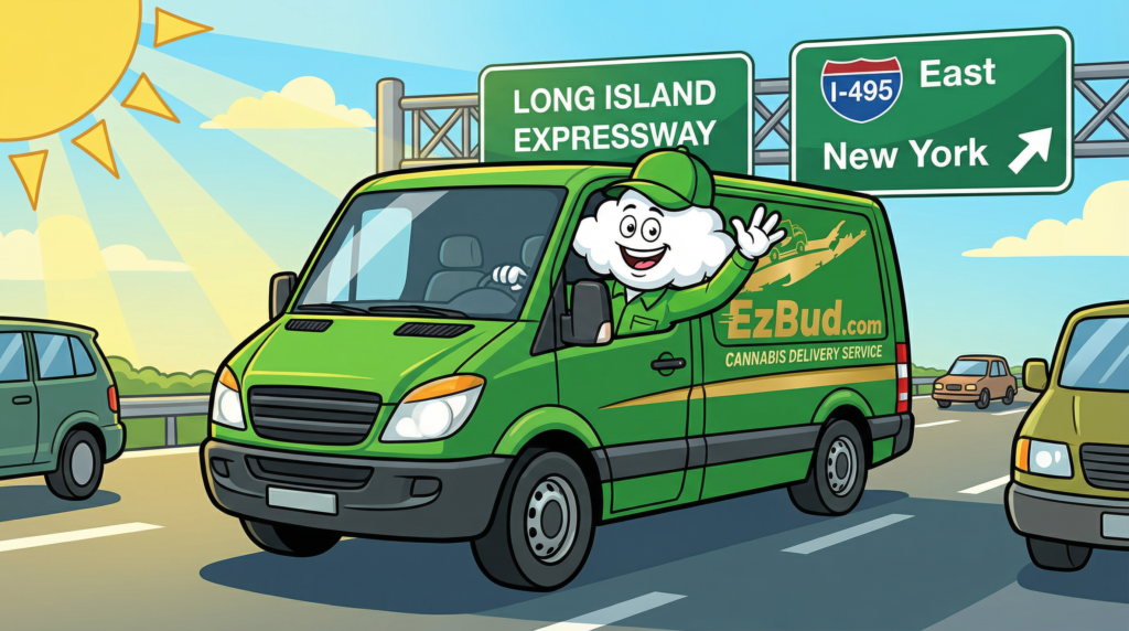 Green delivery van with EZBud branding, cartoon character waving, driving on Long Island Expressway, sunny day, cannabis delivery service.