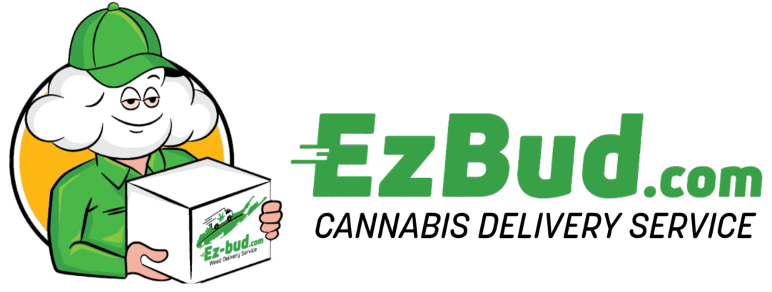 EZBud logo featuring a cartoon character with a cloud head, wearing a green cap and holding a delivery box, representing the cannabis delivery service.