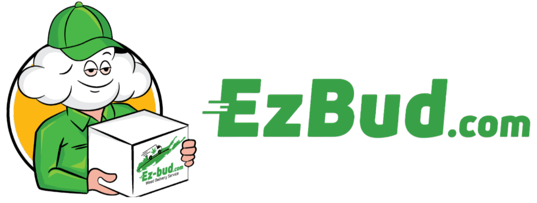 EZBud logo featuring a cartoon character with a cloud head, holding a delivery box, emphasizing cannabis delivery service.