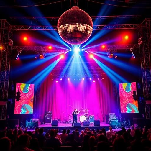 Concert stage with vibrant lighting and a disco ball, featuring a performer on stage, surrounded by an audience, highlighting the energetic atmosphere of live music events like KC and the Sunshine Band's concert at the Catholic Health Amphitheater.