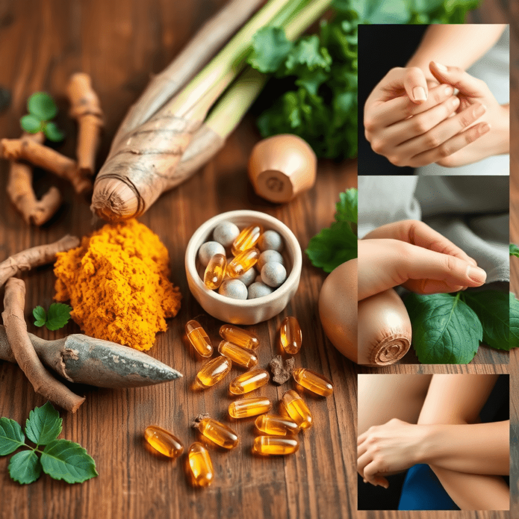 A calming arrangement of turmeric roots, fish oil capsules, green leafy vegetables, and soft-focus hands massaging a knee on a wooden surface with ...