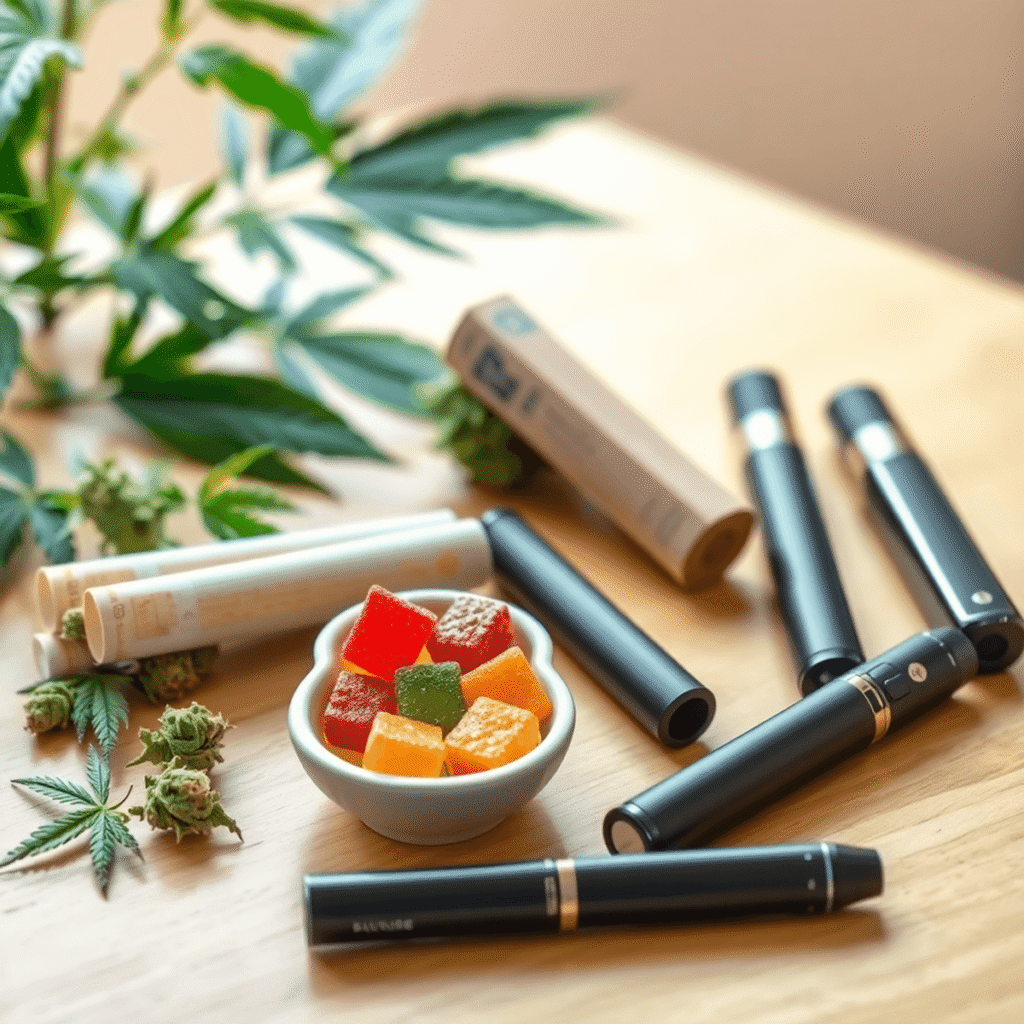 A cozy wooden table displays cannabis buds, rolled prerolls, colorful gummies, and sleek vape pens with soft natural light and a blurred leafy back...