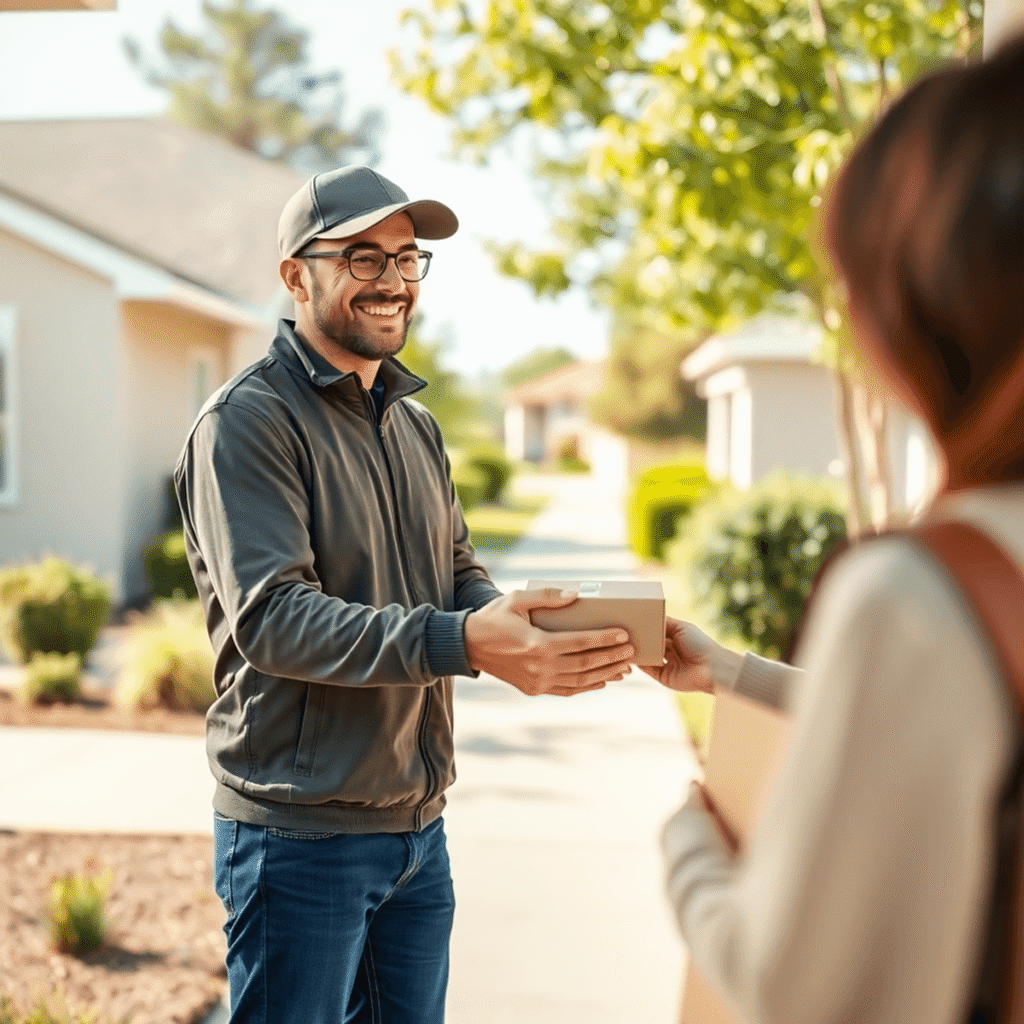A delivery driver hands a small package to a smiling customer at a sunny suburban doorstep, with motion lines and warm colors suggesting fast, reli...