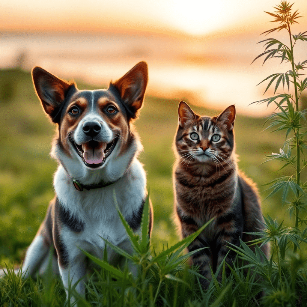 A dog and cat sitting together on grass with Long Island coastline at sunset and hemp plants gently swaying around them.