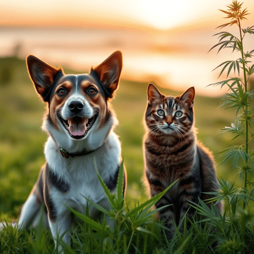 A dog and cat sitting together on grass with Long Island coastline at sunset and hemp plants gently swaying around them.