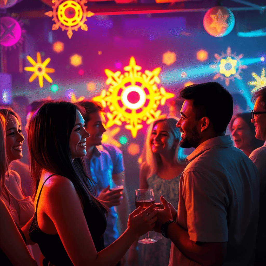 A lively party with smiling people chatting, surrounded by glowing abstract symbols and colorful dynamic lights, creating an energetic and upliftin...