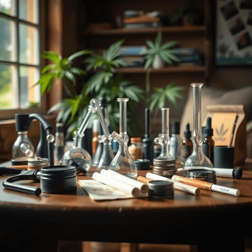 A wooden table with cannabis smoking accessories like glass pipes, vaporizers, grinders, and rolling papers, softly lit with greenery in the backgr...