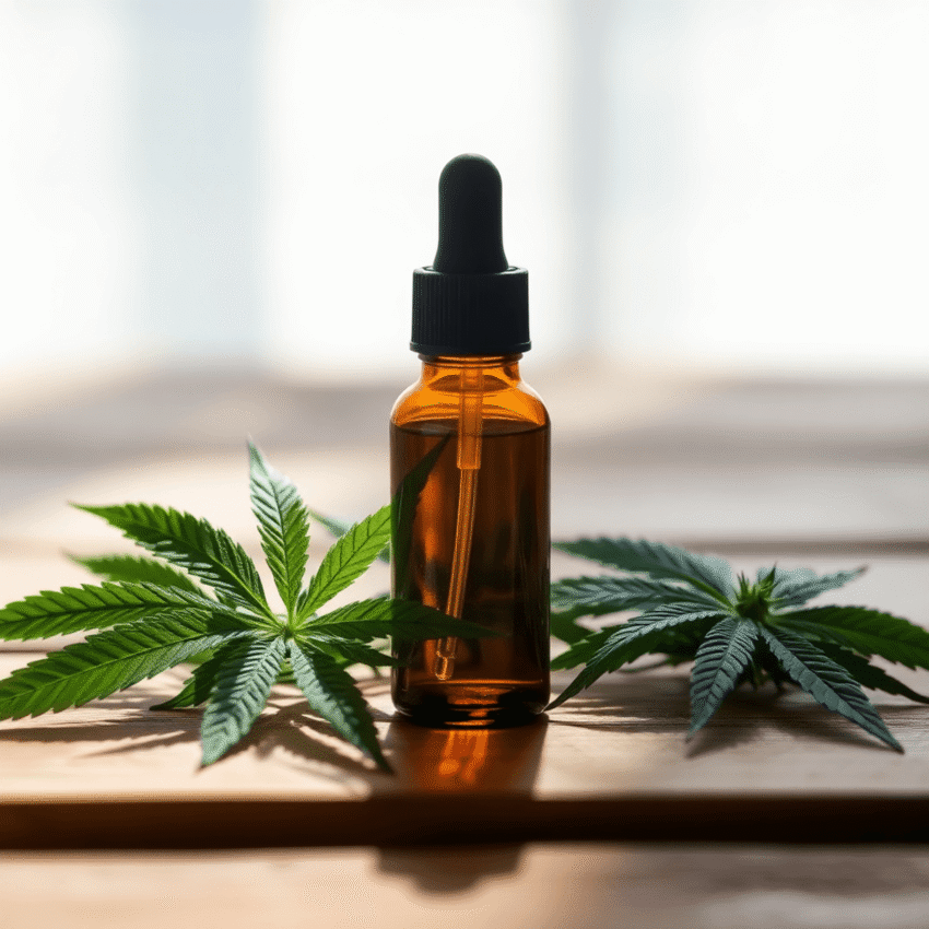 Amber glass dropper bottle beside green cannabis leaves on a wooden surface, bathed in soft sunlight, evoking precise THC microdosing for wellness.