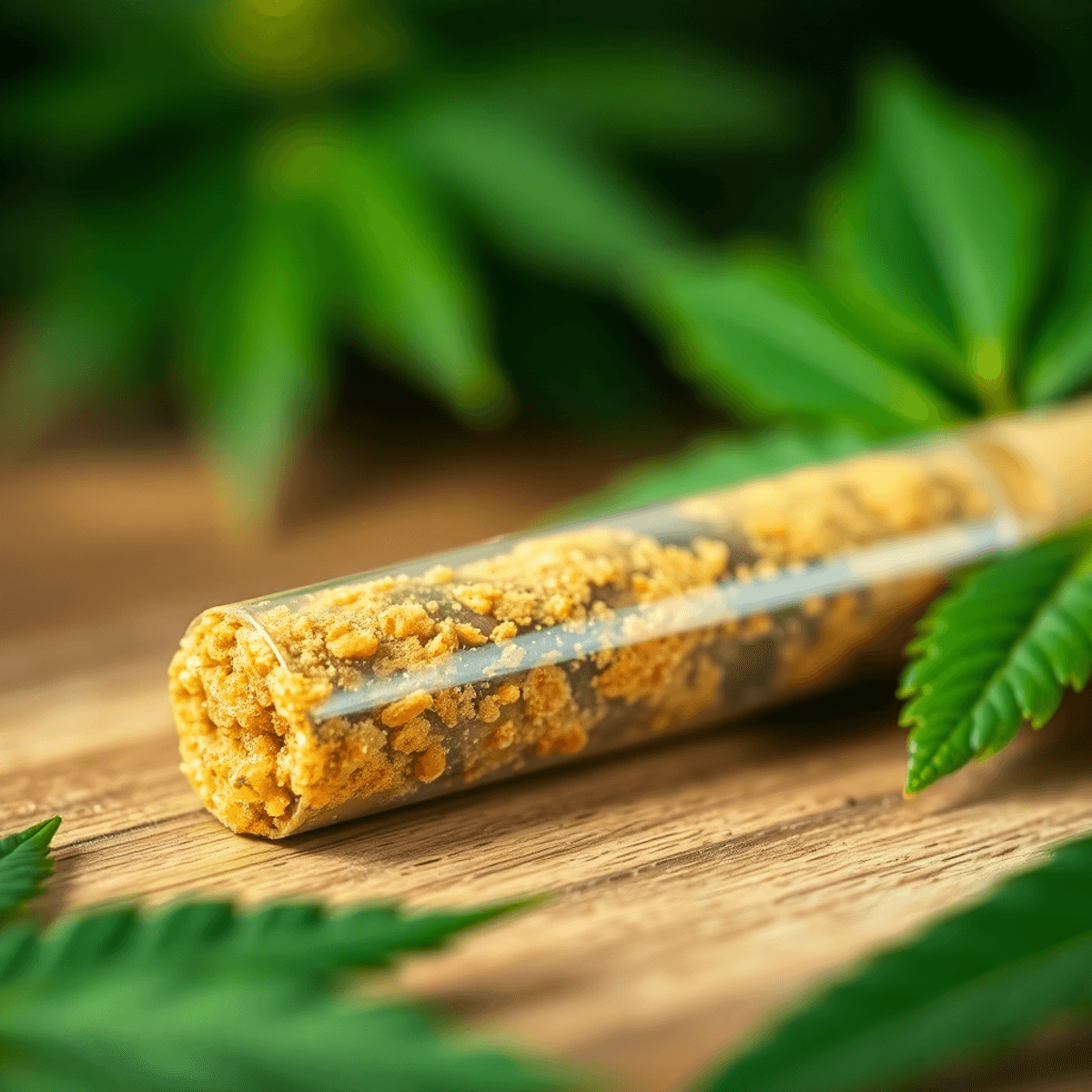 Close-up of a cannabis pre-roll with golden resin and kief crystals on a wooden surface, with blurred green cannabis leaves in the background.