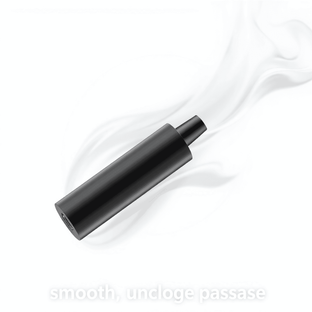 Close-up of a sleek disposable vape with smooth vapor trails against a bright background featuring abstract airflow patterns.