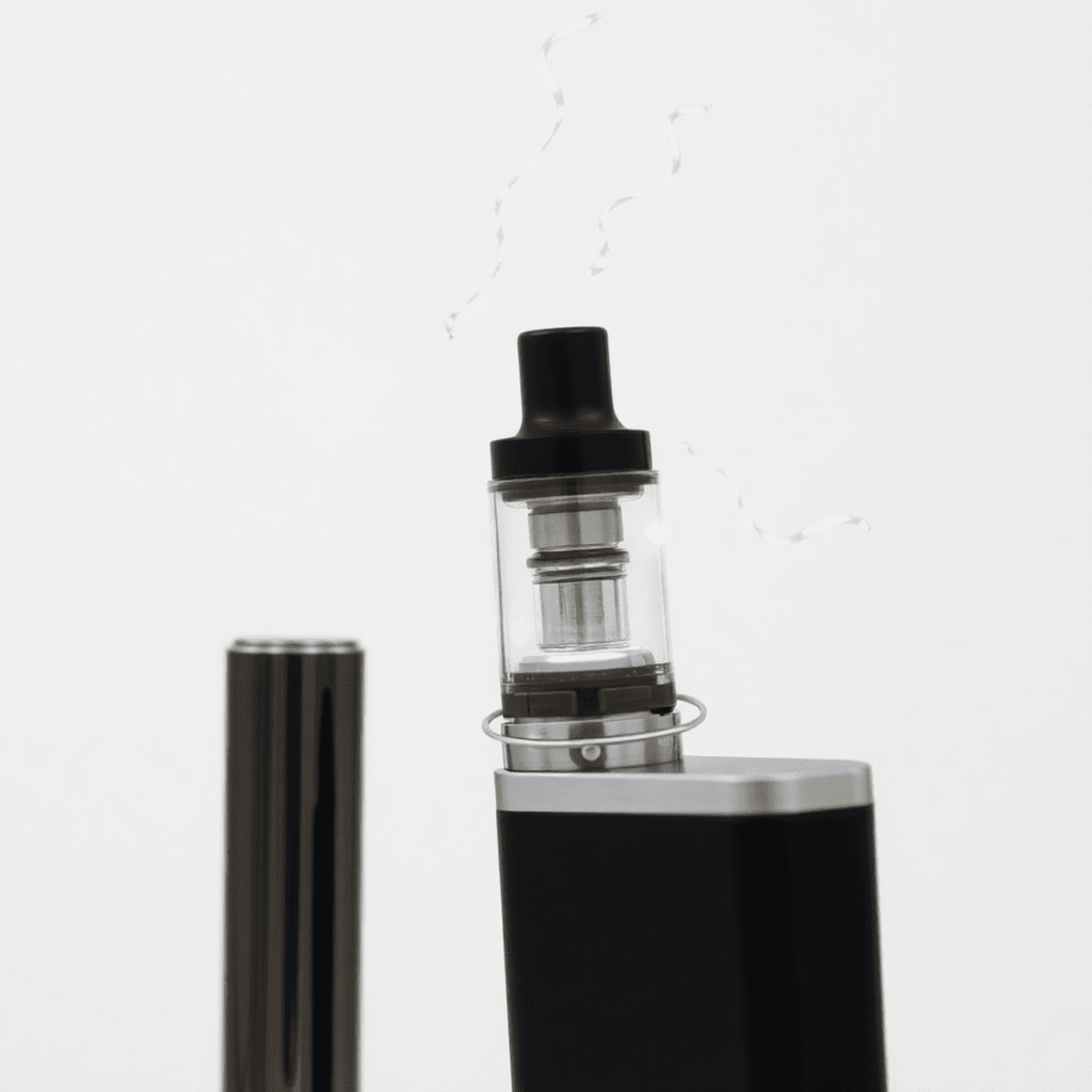 Close-up of a sleek vape pen battery connected to a cannabis oil cartridge with glowing light effects and abstract vapor shapes on a neutral backgr...