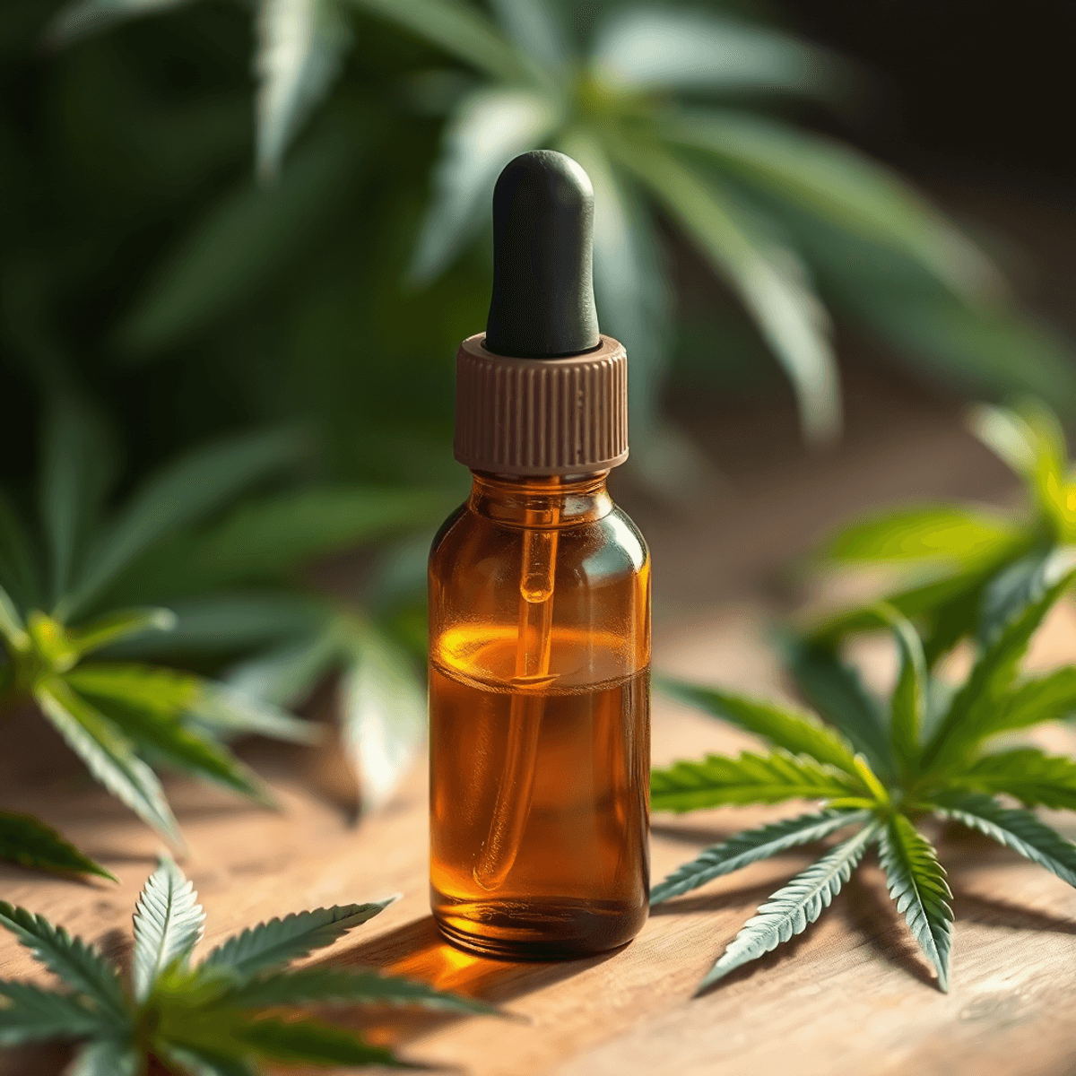 Close-up of an amber glass dropper bottle with clear tincture, surrounded by green cannabis leaves on a wooden surface, softly lit for a calm, natu...