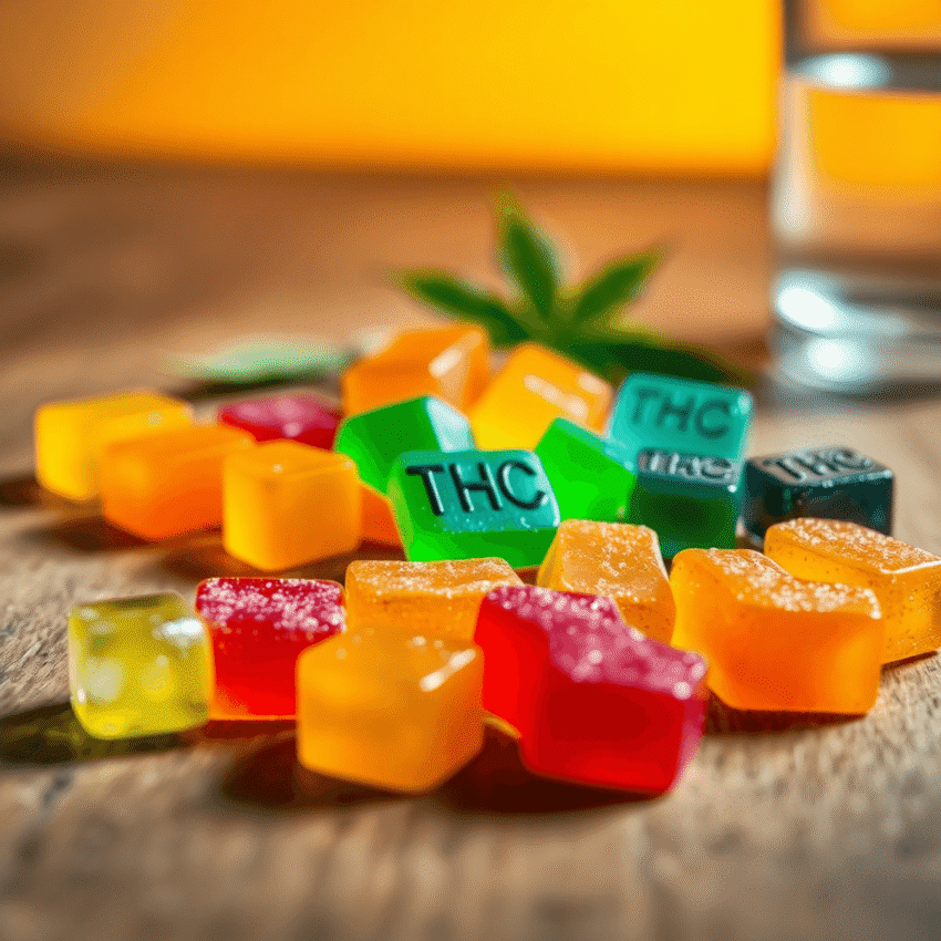 Close-up of colorful THC gummy candies on wood, with soft lighting and background symbols of a green leaf and glass of water for mindful consumption.