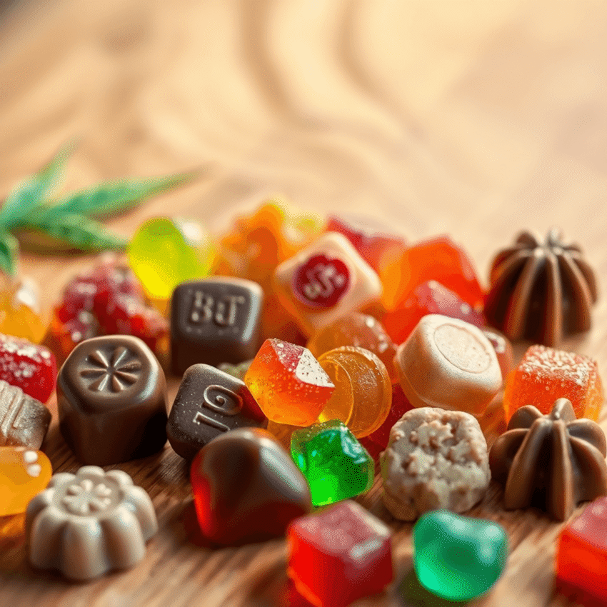 Close-up of colorful cannabis gummies and chocolates on wood, with soft lighting and abstract waves symbolizing digestion and absorption.