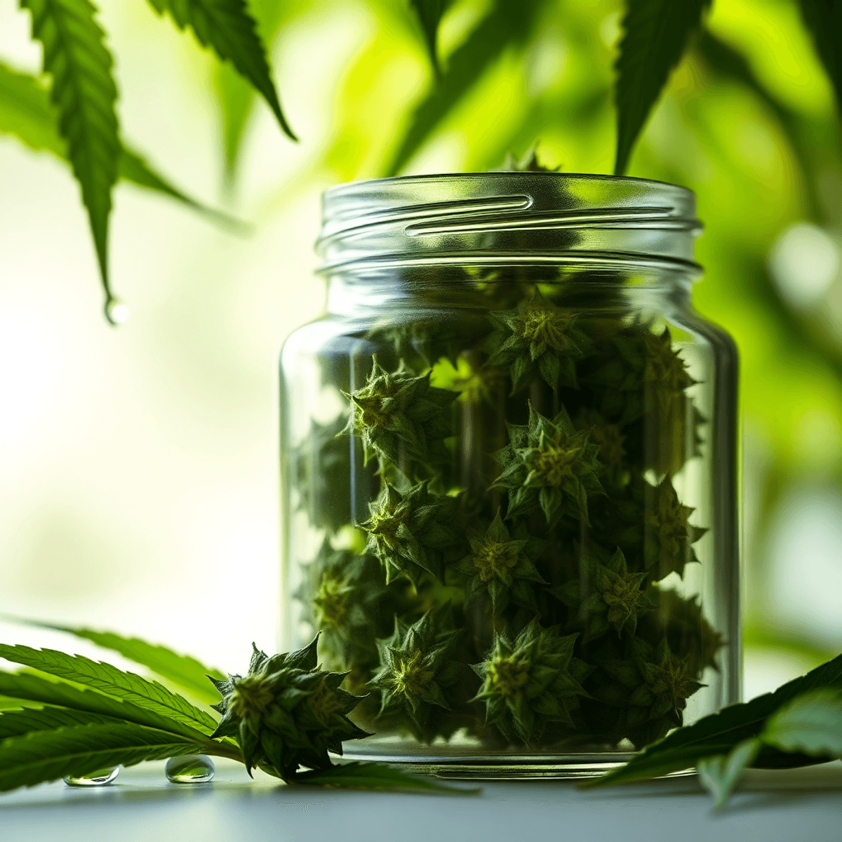 Close-up of fresh green cannabis buds glowing softly inside a clear glass jar with dew drops and gentle light rays filtering through leaves.