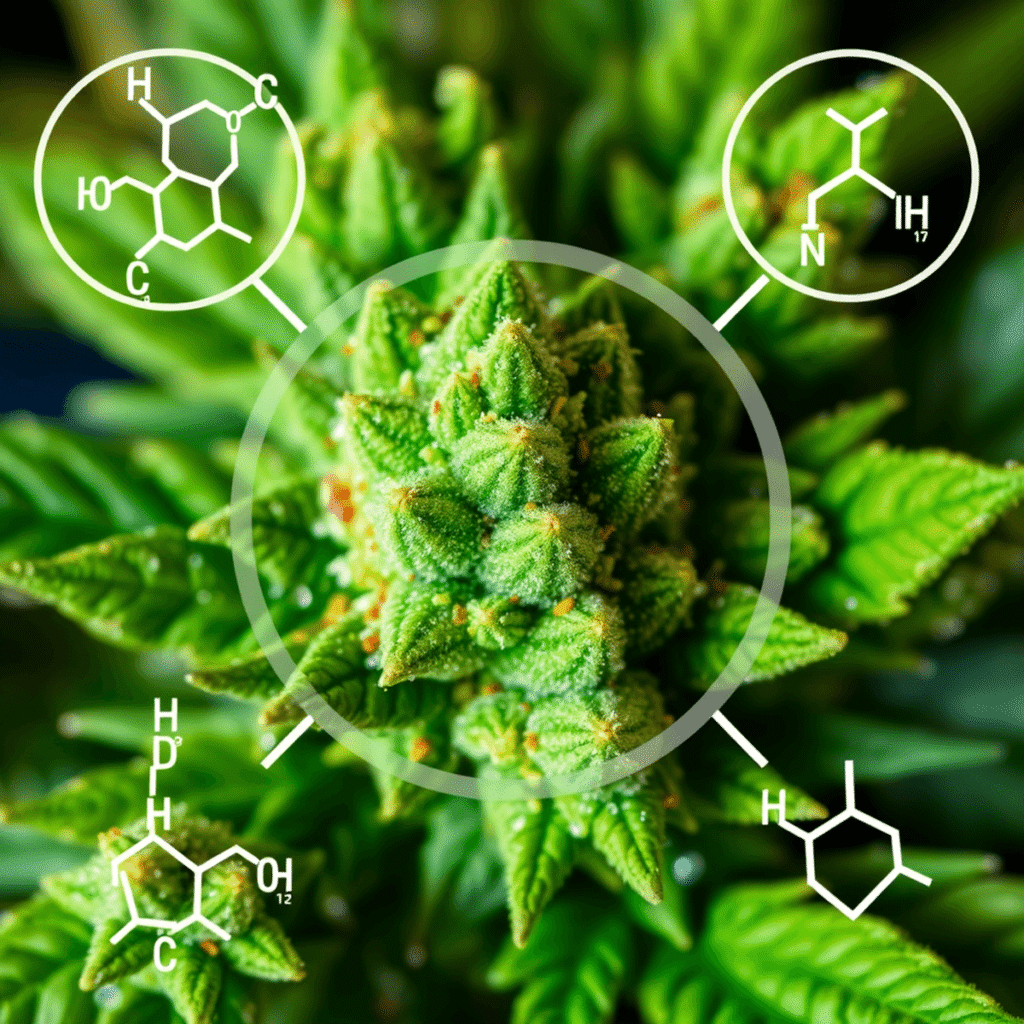 Close-up of fresh green cannabis buds with visible trichomes and colorful resin glands, surrounded by abstract shapes symbolizing chemical compound...