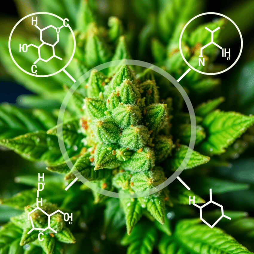Close-up of fresh green cannabis buds with visible trichomes and colorful resin glands, surrounded by abstract shapes symbolizing chemical compound...