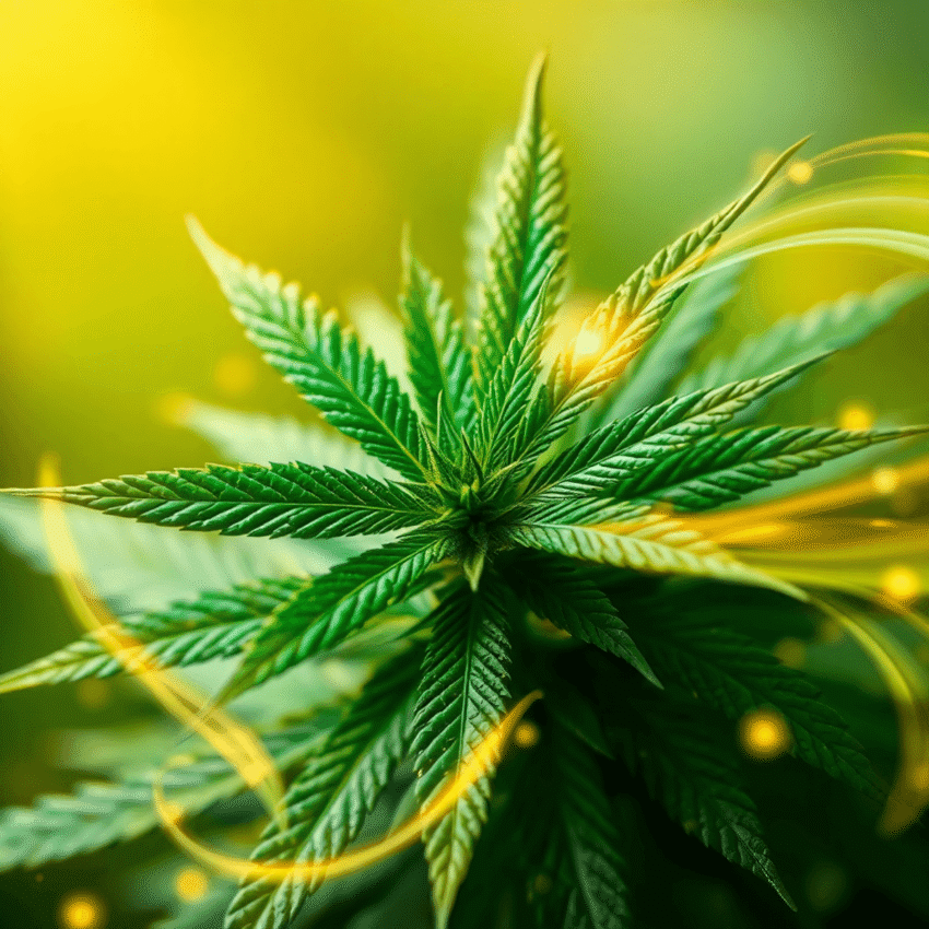 Close-up of resin-covered cannabis leaves with glowing abstract light trails on a soft green and golden background symbolizing natural healing.