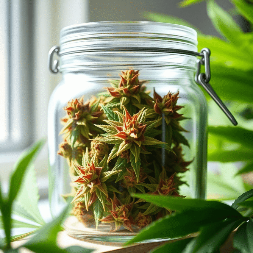 Close-up of vibrant cannabis flowers in a clear glass jar with an airtight lid, surrounded by green leaves and soft natural light.