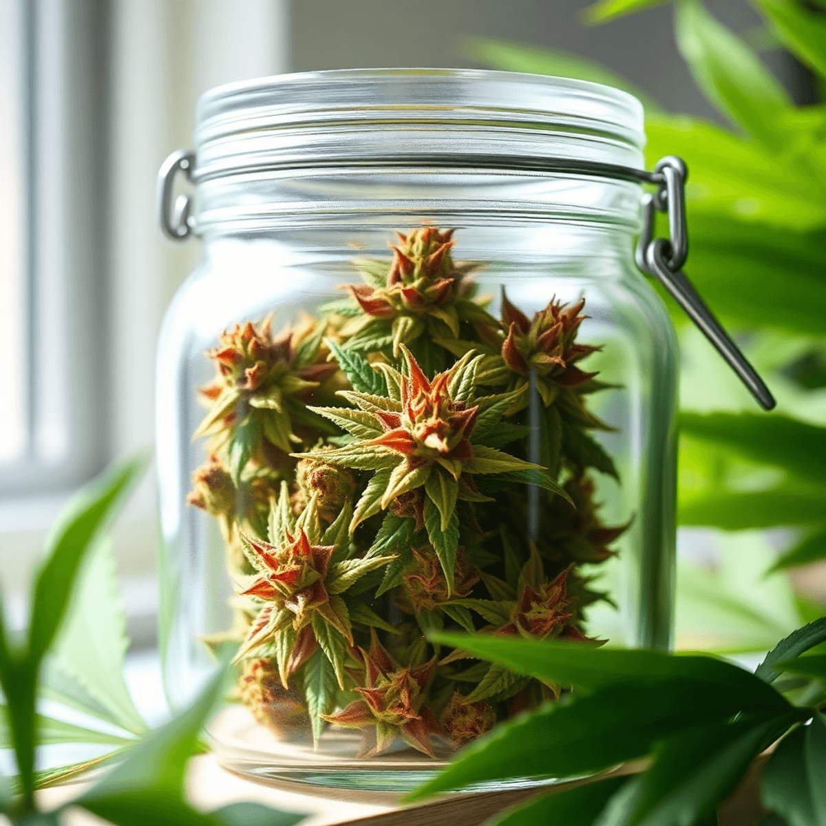Close-up of vibrant cannabis flowers in a clear glass jar with an airtight lid, surrounded by green leaves and soft natural light.