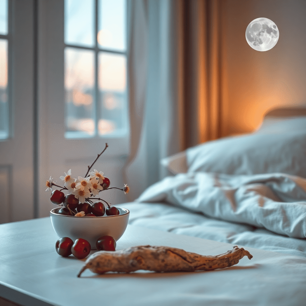Cozy bedroom at dusk with soft moonlight, bedside table holding chamomile flowers, tart cherries, adaptogen root, and calming wave patterns in the ...