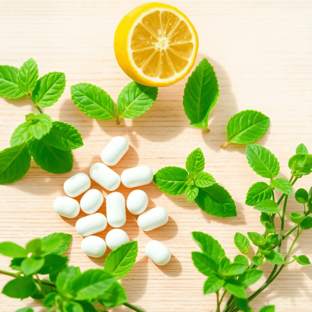 Fresh lemon balm leaves, white capsules and gummies on wood, surrounded by soft green plants and glowing orbs against a light, airy background symb...