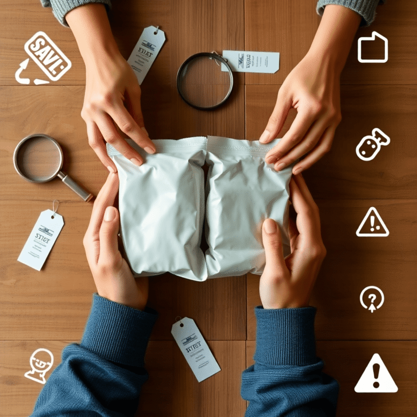 Hands comparing two product packages on a wooden table, one pristine and one flawed, with magnifying glass, price tags, and icons symbolizing authe...