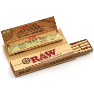 Raw Connoisseur Pack with pre-rolled tips and natural rolling paper, featured on EZBud's product page for cannabis accessories.