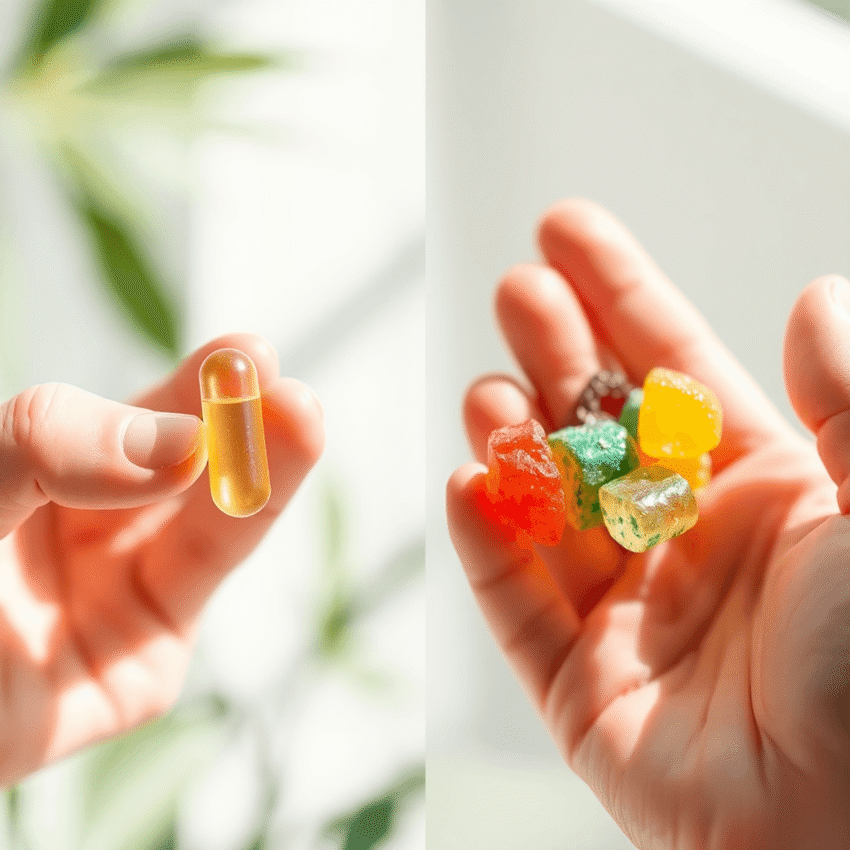 Split view of two hands holding different cannabis edibles: a shiny capsule and a colorful gummy, with a softly blurred natural light background.